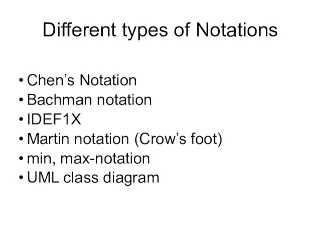 Different types of Notations Chen’s Notation Bachman notation IDEF1X Martin