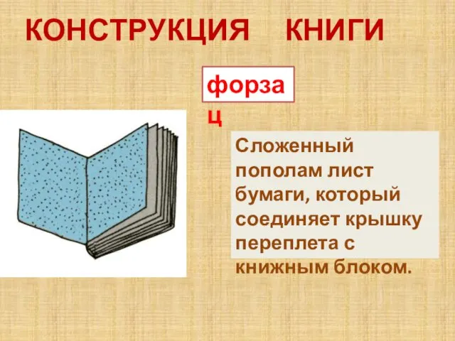 КОНСТРУКЦИЯ КНИГИ форзац Сложенный пополам лист бумаги, который соединяет крышку переплета с книжным блоком.