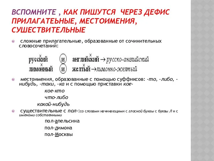 ВСПОМНИТЕ , КАК ПИШУТСЯ ЧЕРЕЗ ДЕФИС ПРИЛАГАТЕЬНЫЕ, МЕСТОИМЕНИЯ, СУШЕСТВИТЕЛЬНЫЕ сложные