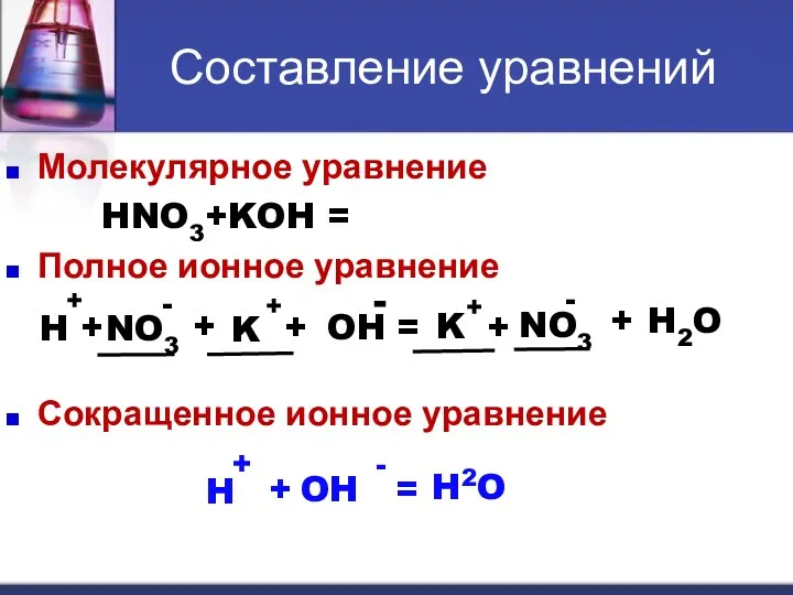 Составление уравнений Молекулярное уравнение HNO3+KOH = KNO3 + H2O Полное