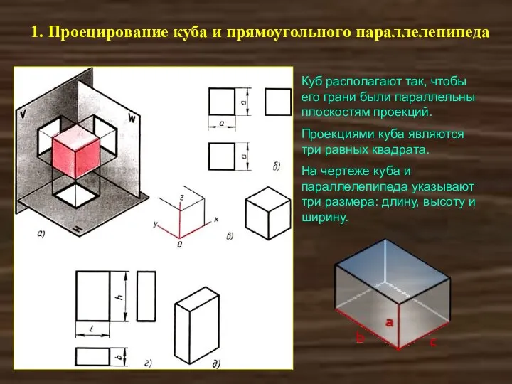 1. Проецирование куба и прямоугольного параллелепипеда Куб располагают так, чтобы