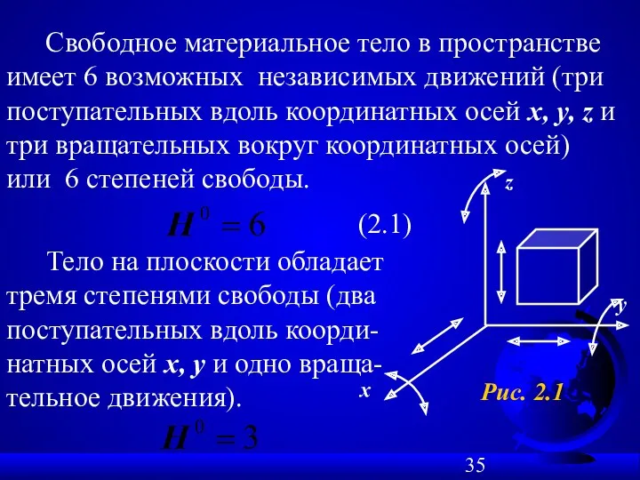 Свободное материальное тело в пространстве имеет 6 возможных независимых движений