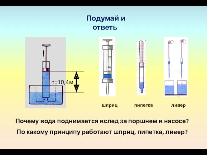 Почему вода поднимается вслед за поршнем в насосе? По какому