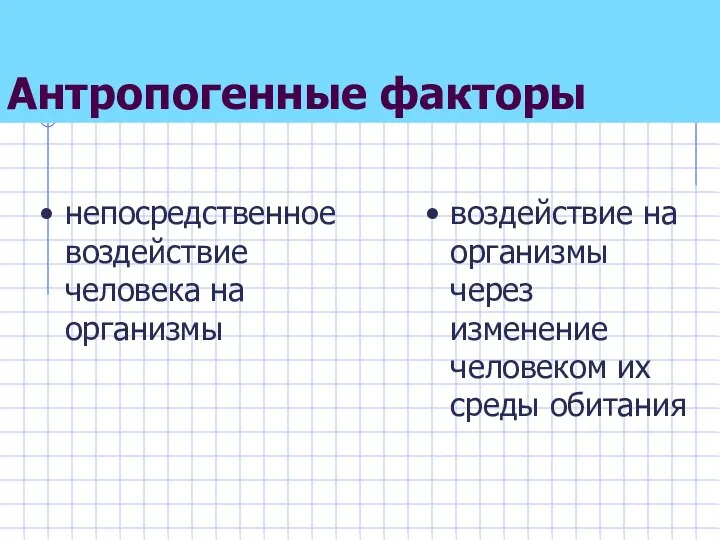 Антропогенные факторы непосредственное воздействие человека на организмы воздействие на организмы через изменение человеком их среды обитания