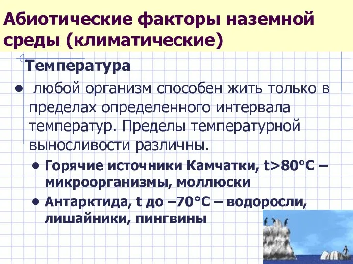 Абиотические факторы наземной среды (климатические) Температура любой организм способен жить