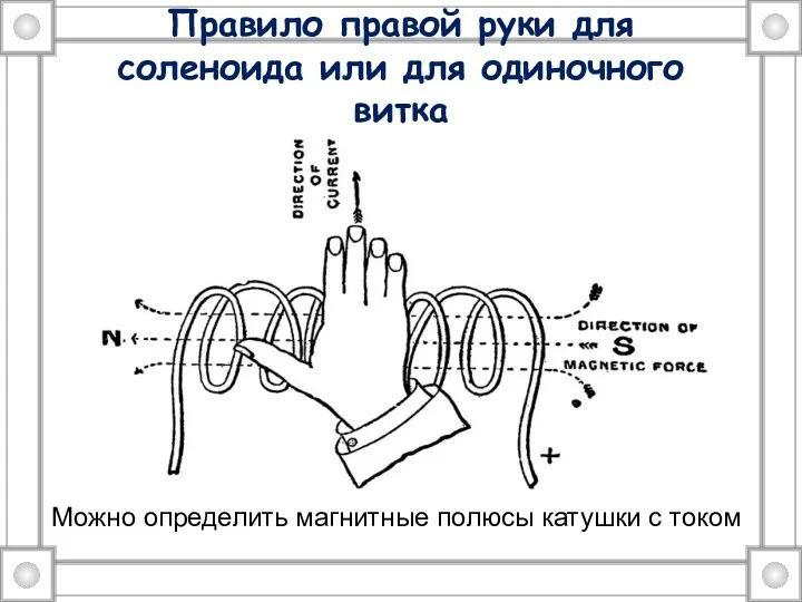 Правило правой руки для соленоида или для одиночного витка Можно определить магнитные полюсы катушки с током
