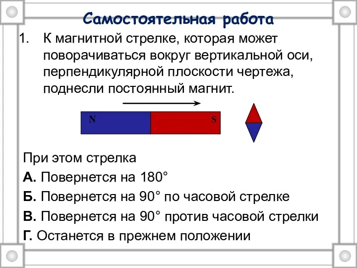 Самостоятельная работа К магнитной стрелке, которая может поворачиваться вокруг вертикальной