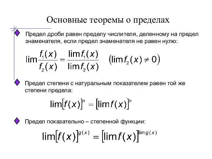 Основные теоремы о пределах Предел дроби равен пределу числителя, деленному