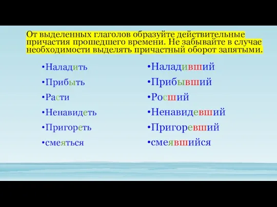 Наладить Прибыть Расти Ненавидеть Пригореть смеяться Наладивший Прибывший Росший Ненавидевший