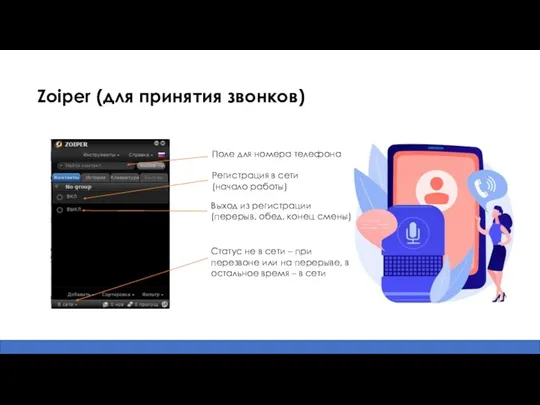 Zoiper (для принятия звонков) Поле для номера телефона Регистрация в