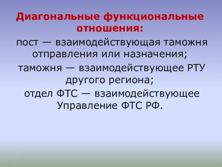 Диагональные функциональные отношения: пост — взаимодействующая таможня отправления или назначения;