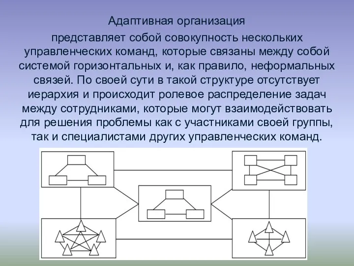 Адаптивная организация представляет собой совокупность нескольких управленческих команд, которые связаны между собой системой