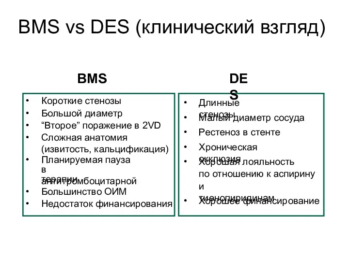 • Короткие стенозы • Большой диаметр • “Второе” поражение в