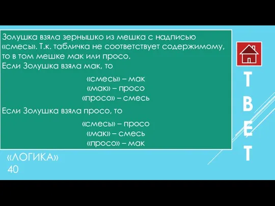 «ЛОГИКА» 40 Золушка взяла зернышко из мешка с надписью «смесь».