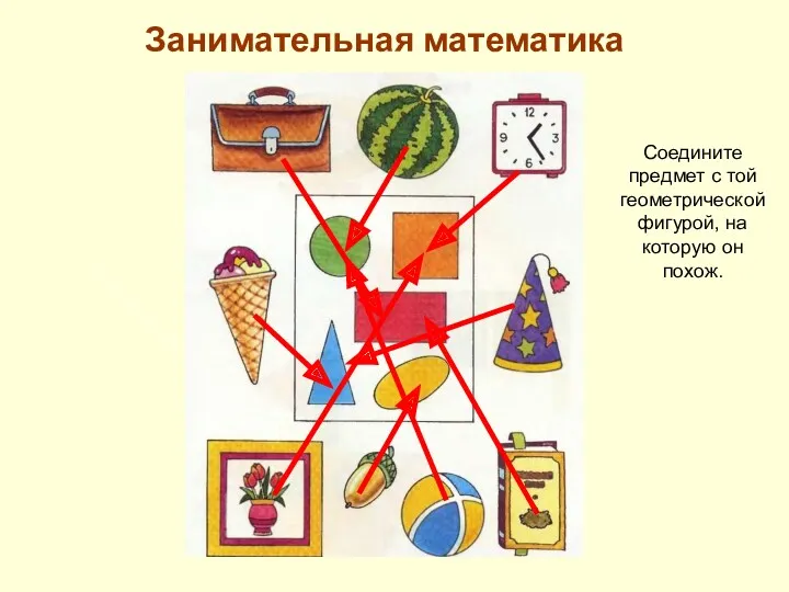 Занимательная математика Соедините предмет с той геометрической фигурой, на которую он похож.