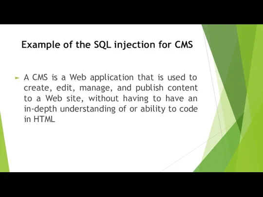 Example of the SQL injection for CMS A CMS is