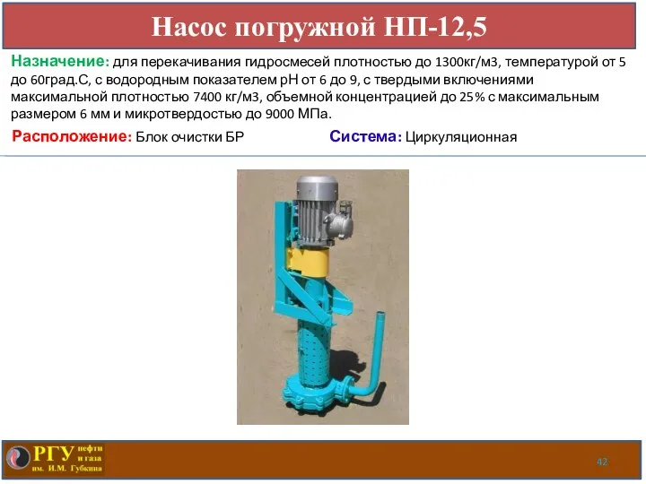 Насос погружной НП-12,5 Расположение: Блок очистки БР Система: Циркуляционная Назначение: