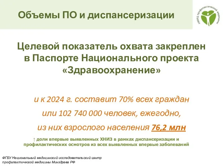 Объемы ПО и диспансеризации Целевой показатель охвата закреплен в Паспорте Национального проекта «Здравоохранение»