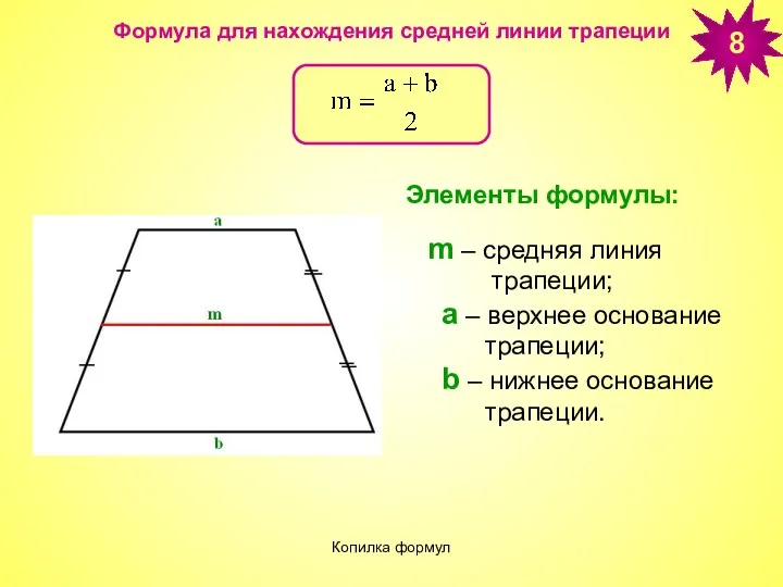 Копилка формул Формула для нахождения средней линии трапеции Элементы формулы: