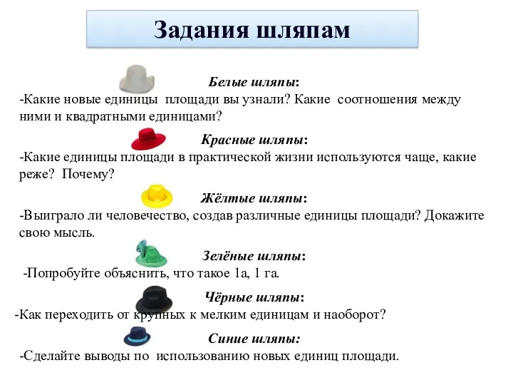 Задания шляпам Белые шляпы: -Какие новые единицы площади вы узнали?