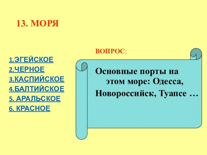 13. МОРЯ ВОПРОС: Основные порты на этом море: Одесса, Новороссийск,