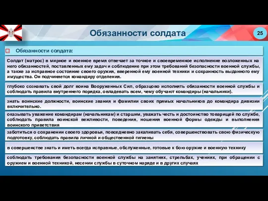 Солдат (матрос) в мирное и военное время отвечает за точное и своевременное исполнение