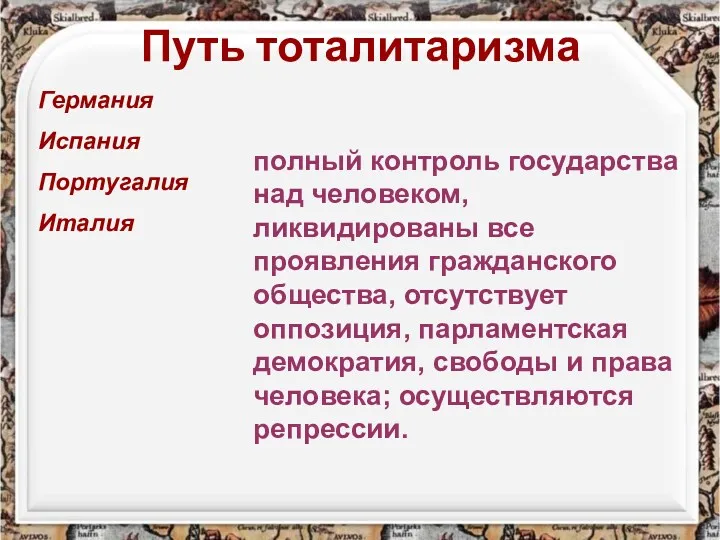 Путь тоталитаризма Германия Испания Португалия Италия полный контроль государства над