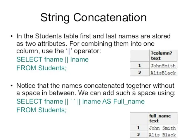 String Concatenation In the Students table first and last names