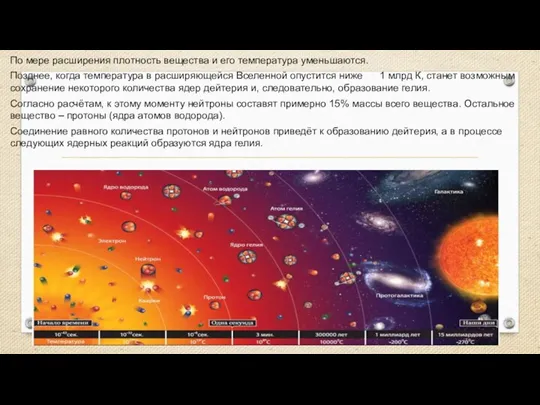 По мере расширения плотность вещества и его температура уменьшаются. Позднее, когда температура в