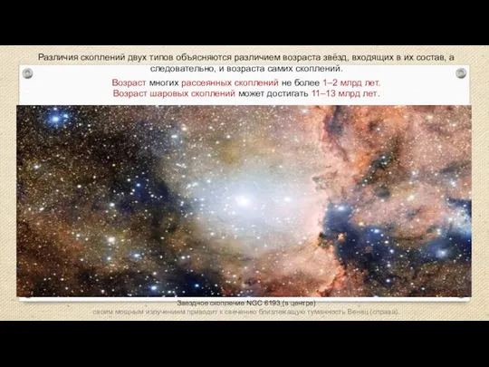 Различия скоплений двух типов объясняются различием возраста звёзд, входящих в их состав, а