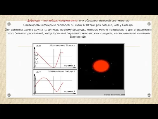 Цефеиды – это звёзды-сверхгиганты, они обладают высокой светимостью. Светимость цефеиды