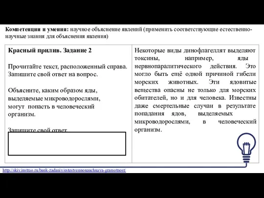 Компетенции и умения: научное объяснение явлений (применить соответствующие естественно- научные знания для объяснения явления) http://skiv.instrao.ru/bank-zadaniy/estestvennonauchnaya-gramotnost/