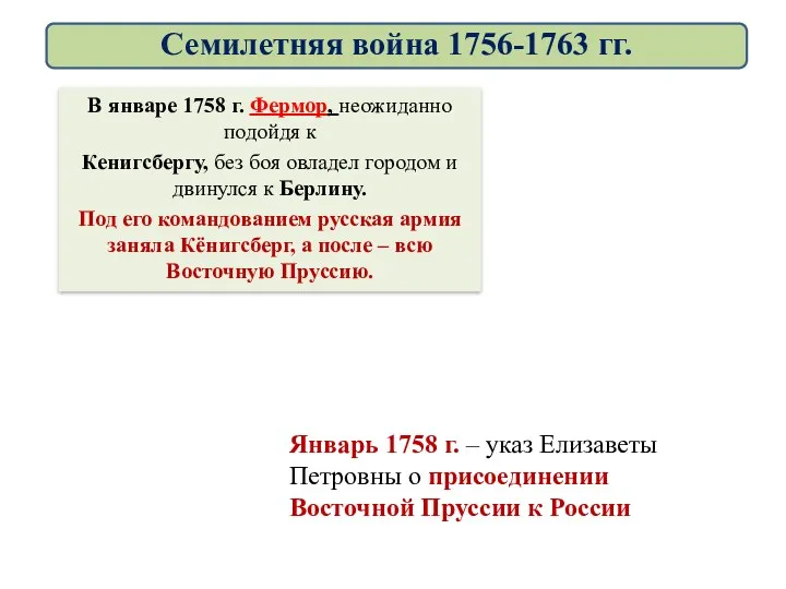 В январе 1758 г. Фермор, неожиданно подойдя к Кенигсбергу, без