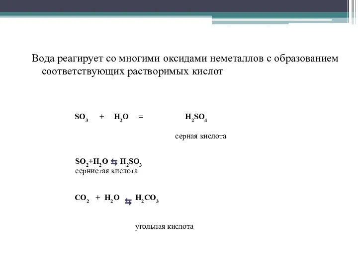 Вода реагирует со многими оксидами неметаллов с образованием соответствующих растворимых кислот SO2+H2O H2SO3 сернистая кислота