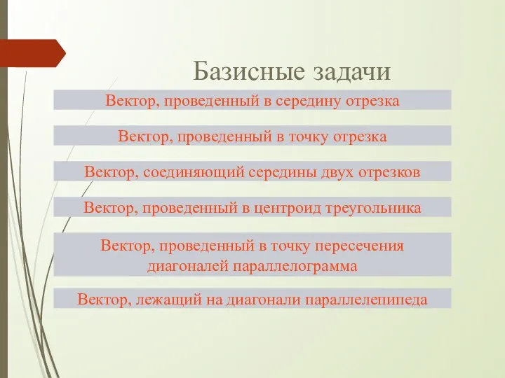 Базисные задачи Вектор, проведенный в середину отрезка Вектор, проведенный в