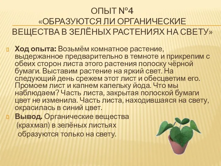 ОПЫТ №4 «ОБРАЗУЮТСЯ ЛИ ОРГАНИЧЕСКИЕ ВЕЩЕСТВА В ЗЕЛЁНЫХ РАСТЕНИЯХ НА