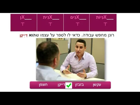 רונן מחפש עבודה. כדאי לו לספר על עצמו שהוא עקשן בזבזן דייקן חוצפן דַיְיקָן