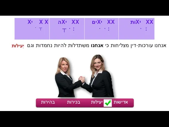 אנחנו עורכות-דין מצליחות כי אנחנו משתדלות להיות נחמדות וגם אדישות יעילות בכירות בהירות יְעילות