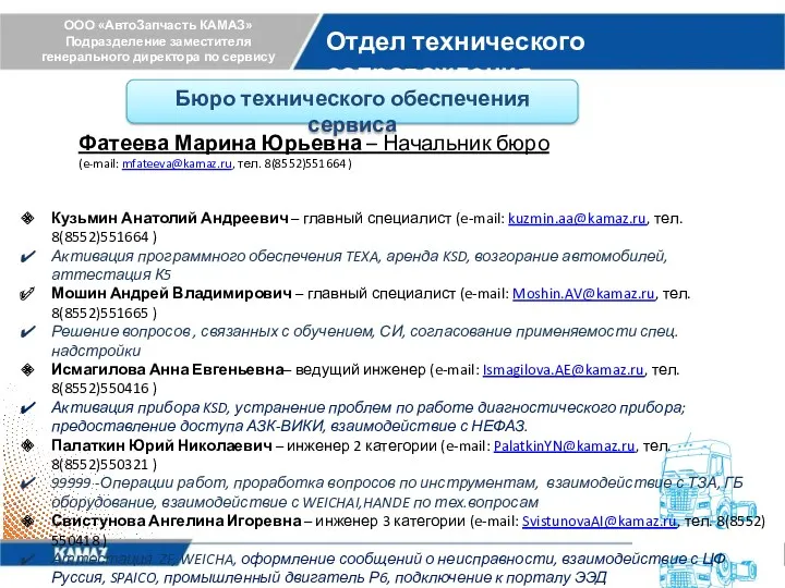 ООО «АвтоЗапчасть КАМАЗ» Подразделение заместителя генерального директора по сервису Отдел технического сопровождения Бюро