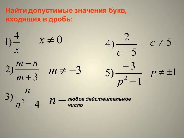 Найти допустимые значения букв, входящих в дробь: любое действительное число