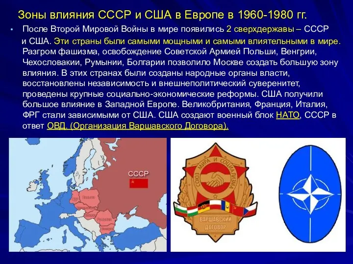 Зоны влияния СССР и США в Европе в 1960-1980 гг.