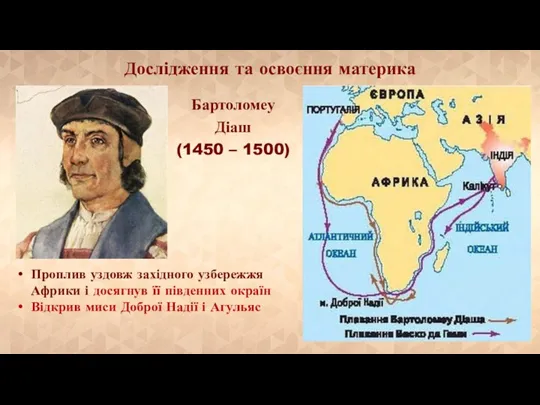 Дослідження та освоєння материка Бартоломеу Діаш (1450 – 1500) Проплив