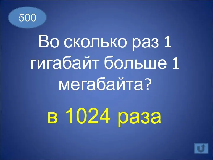 Во сколько раз 1 гигабайт больше 1 мегабайта? 500 в 1024 раза