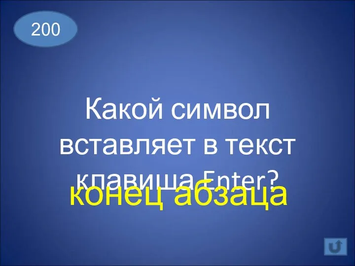 Какой символ вставляет в текст клавиша Enter? 200 конец абзаца