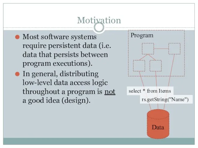 Motivation Most software systems require persistent data (i.e. data that persists between program