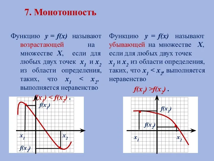 7. Монотонность Функцию у = f(х) называют возрастающей на множестве