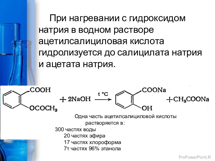 При нагревании с гидроксидом натрия в водном растворе ацетилсалициловая кислота гидролизуется до салицилата