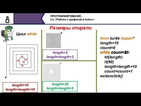 Размеры спирали length=10 length=length+10 length=2 length=length+2 length=30 length=length+5 from turtle