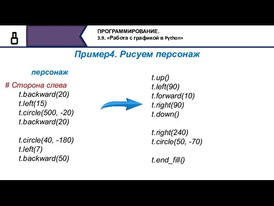 Пример4. Рисуем персонаж # Сторона слева t.backward(20) t.left(15) t.circle(500, -20)