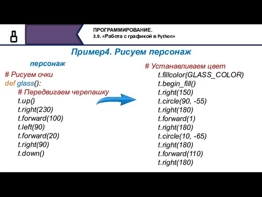 Пример4. Рисуем персонаж # Рисуем очки def glass(): # Передвигаем